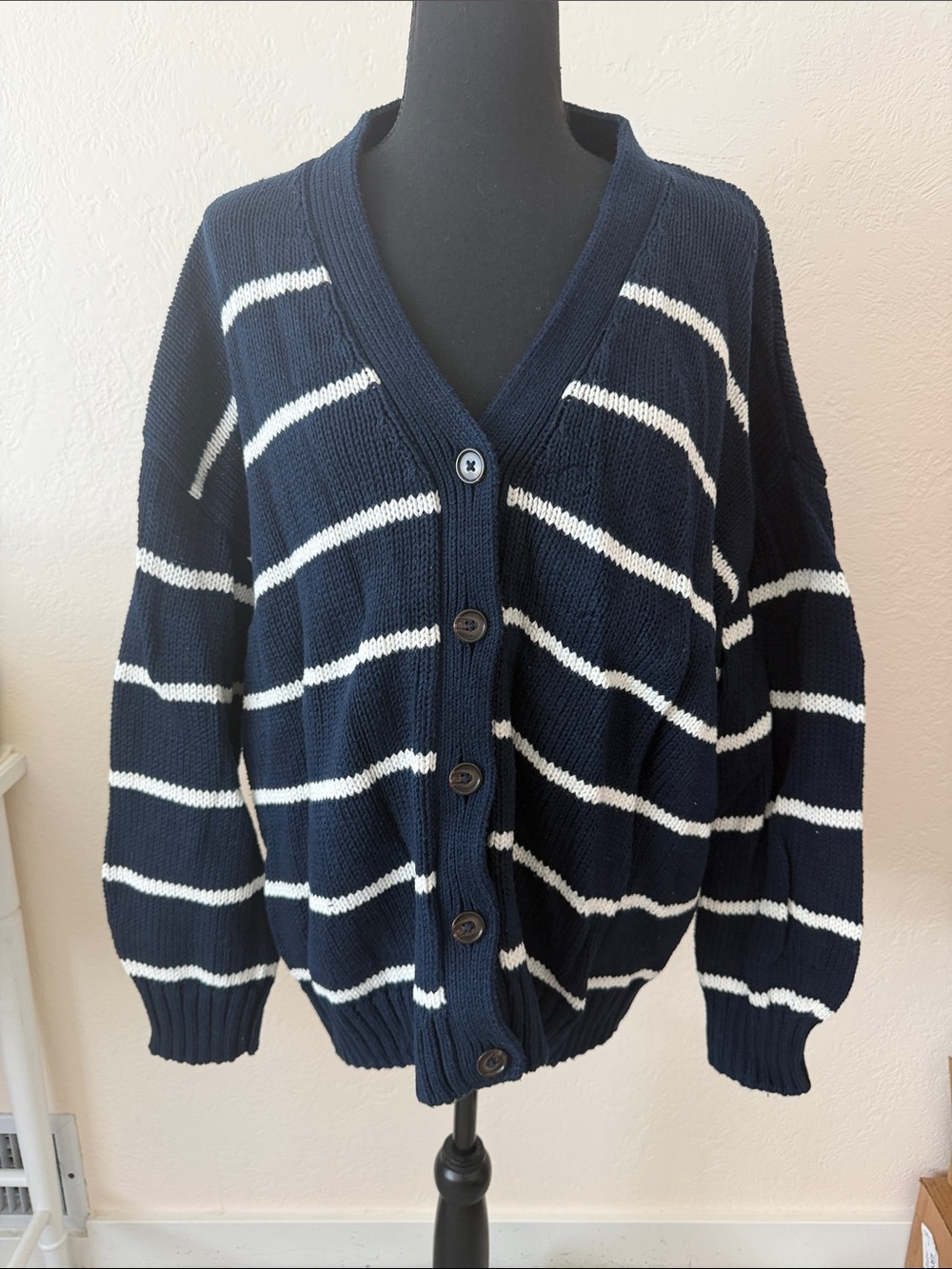 EUC JENNI KAYNE Navy and White Striped Button-Up Sweater Cardigan SIZE XS/S